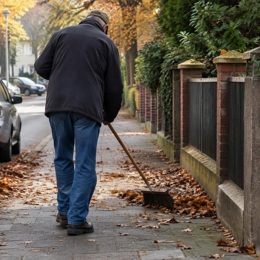 Mann räumt Laub vom Gehweg