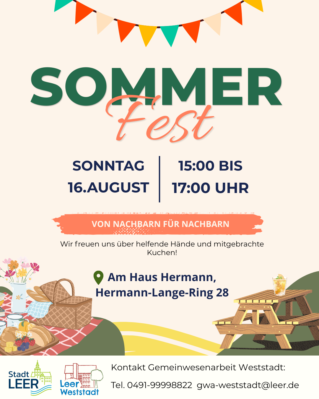 Plakat der Gemeinwesenarbeit Weststadt (GWA) zum Sommerfest 2026 am 16.08.26